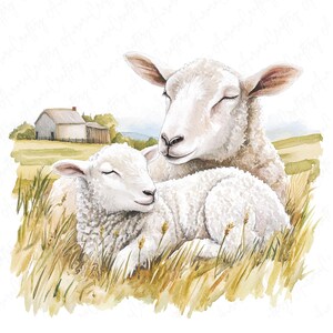 May include: A watercolor painting of a mother sheep and her lamb lying in a field of tall grass. The sheep are white with soft fur and have their eyes closed. The background is a watercolor wash of green and brown.