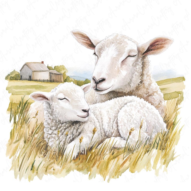 May include: A watercolor painting of a mother sheep and her lamb lying in a field of tall grass. The sheep are white with soft fur and have their eyes closed. The background is a watercolor wash of green and brown.