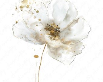 14 White and Gold Abstract Floral Watercolor Clipart Bundle, Wedding Clipart Flowers, High Quality JPG, Instant Download, Commercial Use
