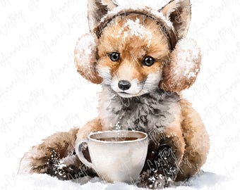 5 Watercolor Winter Fox Clipart, Cute Fox With Earmuffs and Hot