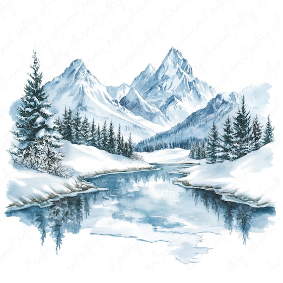 8 Watercolor Winter Mountain Clipart, Snowy Peaks, Icy Rivers