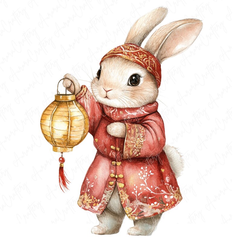 10 Watercolor Lantern Rabbit Clipart, Cute Rabbits With Lanterns, Lunar ...