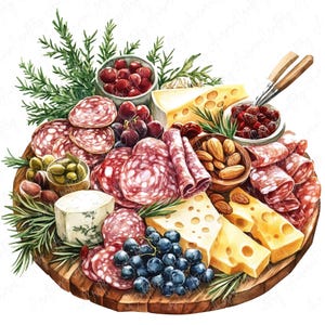 8 Aquarell Charcuterie Brett Clipart, Essen Clipart, Käse & Obst Art, Festlich Tisch Clipart, Festliche Mahlzeit, hochwertiger JPG Download