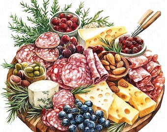 8 Watercolor Charcuterie Board Clipart, Food Clipart, Cheese & Fruit Art, Festive Table Clipart, Festive Meal, High-Quality JPG Download