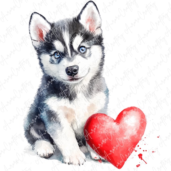 バレンタインのハスキー犬のクリップアート5点、赤いハートのかわいい