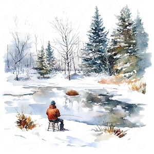 8 imágenes prediseñadas de pesca en el hielo con acuarela, imágenes prediseñadas de paisaje invernal, imágenes prediseñadas de pescador, imágenes prediseñadas de hombre pescando en un lago helado nevado, archivos JPG de alta calidad