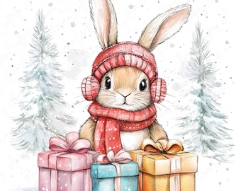 7 Watercolor Festive Bunny Clipart, Winter Bunny with Gifts, Cute Rabbit Clipart, Festive Animal Clipart for Winter Craft, High-Quality JPG