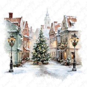 May include: Watercolor painting of a snow-covered European street scene at Christmas. A decorated Christmas tree stands in the center of the cobblestone street, surrounded by buildings with snow-covered roofs. Street lamps are decorated with wreaths.