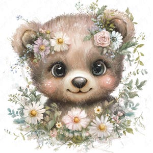 6 aquarel bloemen beer clipart, schattige beer met bloem kransen, bosrijke kwekerij clipart, beer baby shower clipart, hoogwaardige JPG
