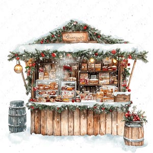 8 puestos de mercado de invierno en acuarela, imágenes prediseñadas de mercados festivos acogedores, imágenes prediseñadas de invierno, imágenes prediseñadas festivas para manualidades de papel, descarga de JPG de alta calidad