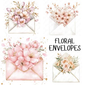 8 Clipart de envelope floral em aquarela, envelopes com flores, clipart floral vintage para convites, download JPG de alta qualidade