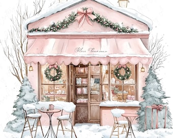 May include: A pink storefront with a snowy roof and a sign that reads "Petite Vegan Cafe". The windows are decorated with wreaths and there are two tables with chairs outside. The cafe is surrounded by snow-covered trees.