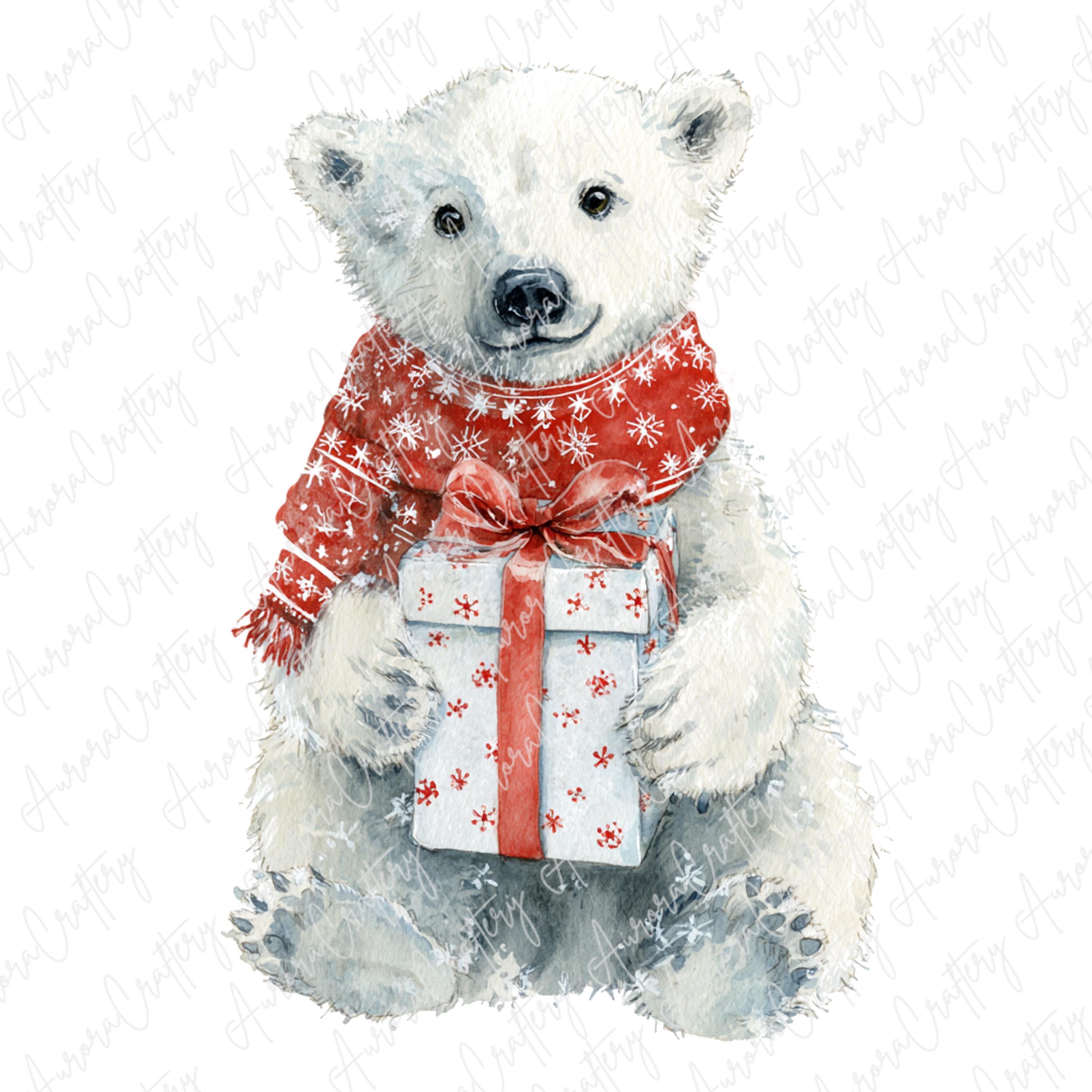 4 Watercolor Polar Bear Clipart JPG, Cute Winter Bears With Gifts and ...
