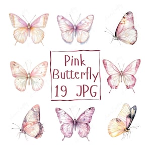 19 Clipart de borboleta rosa aquarela Borboleta elegante para artesanato em papel, scrapbooking, diários de lixo, download digital JPG de alta qualidade