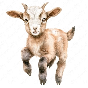 A collection of 11 watercolor cute goat clipart illustrations featuring baby goats in playful and adorable poses, ideal for farm-themed crafts and nursery decor.