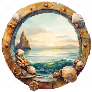 Puede incluir: Un ojo de buey redondo de color latón con vista a una isla rocosa y una puesta de sol sobre el océano. El ojo de buey está decorado con conchas marinas y una brújula.