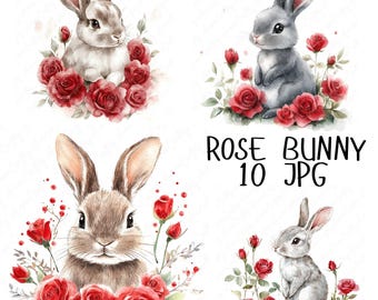10 Watercolor Rose Bunny Clipart, Cute Valentine's Bunnies with Red Roses, Cute Rabbit Love Clipart, Love Animal Clipart, High Quality JPG