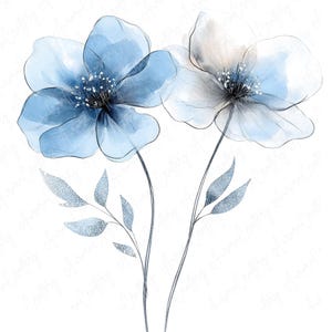8 Aquarell frostig blaue Blumen Clipart, zarte blaue und silberne Blumen, abstrakte florale Clipart für das Basteln, hochwertiger JPG Download