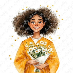 7 filles noires aquarelles en robes jaunes avec des marguerites, belle fille afro clipart, clipart filles noires mignonnes pour l'artisanat, JPG de haute qualité