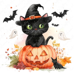 9 Gatto nero con cappello da strega Clipart, Gatto spettrale Clipart Carino gatto nero, Carino spettrale Clipart per lavoretti di carta, Download digitale JPG di alta qualità