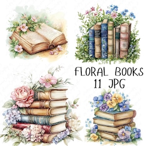 11 Clipart di libri floreali ad acquerello, Clipart di libri floreali, Clipart per amanti dei libri, Clipart di lettura per diari e artigianato fai da te, JPG di alta qualità