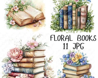 11 aquarel bloemen boeken clipart, bloemen boek clipart, boekenliefhebber clipart, lezing clipart voor tijdschriften & DIY Crafts, hoogwaardige JPG