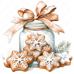 Op de afbeelding: Een glazen pot gevuld met gingerbreadkoekjes versierd met witte sneeuwvlokken glazuur. De pot is vastgebonden met een bruin lint en strik. Er liggen extra koekjes rond de pot.