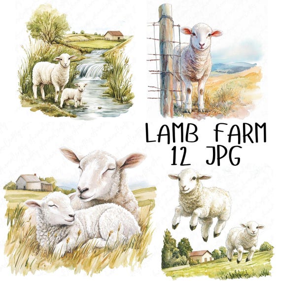 12 Lamb Farm Watercolor Clipart Lamb Clipart, Farm Clipart, Farm Animal Clipart, Cute Lamb Nursery Clipart, High Quality JPG Download