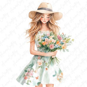 夏の女性向けクリップアート8点セット、花を持ったドレス姿の女の子、春のクリップアート、水彩ファッションクリップアートセット、高品質JPG