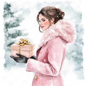 6 Watercolor Winter Lady Clipart, Winter Girl Clipart, Festive Girl with Gift Clipart, Winter Clipart for Crafts, High-Quality JPG Download