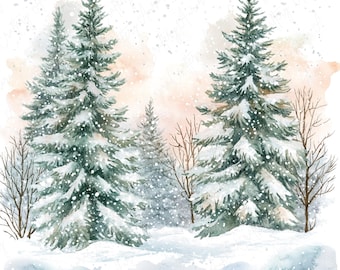 8 Watercolor Winter Tree Clipart, Snowy Forest Landscape Clipart, Festive Pine Tree Clipart, Wintertime Forest Clipart, High-Quality JPG