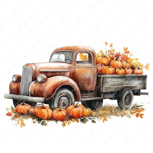 May include: A vintage red truck with a wooden bed filled with orange pumpkins and fall leaves. The truck is surrounded by more pumpkins on the ground.