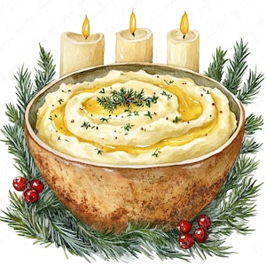 7 imágenes prediseñadas de puré de papas en acuarela, imágenes prediseñadas festivas de platos festivos, imágenes prediseñadas de comida festiva para manualidades navideñas, descarga JPG de alta calidad