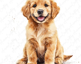 水彩画風のゴールデンレトリバー犬のクリップアート4点、おもちゃを