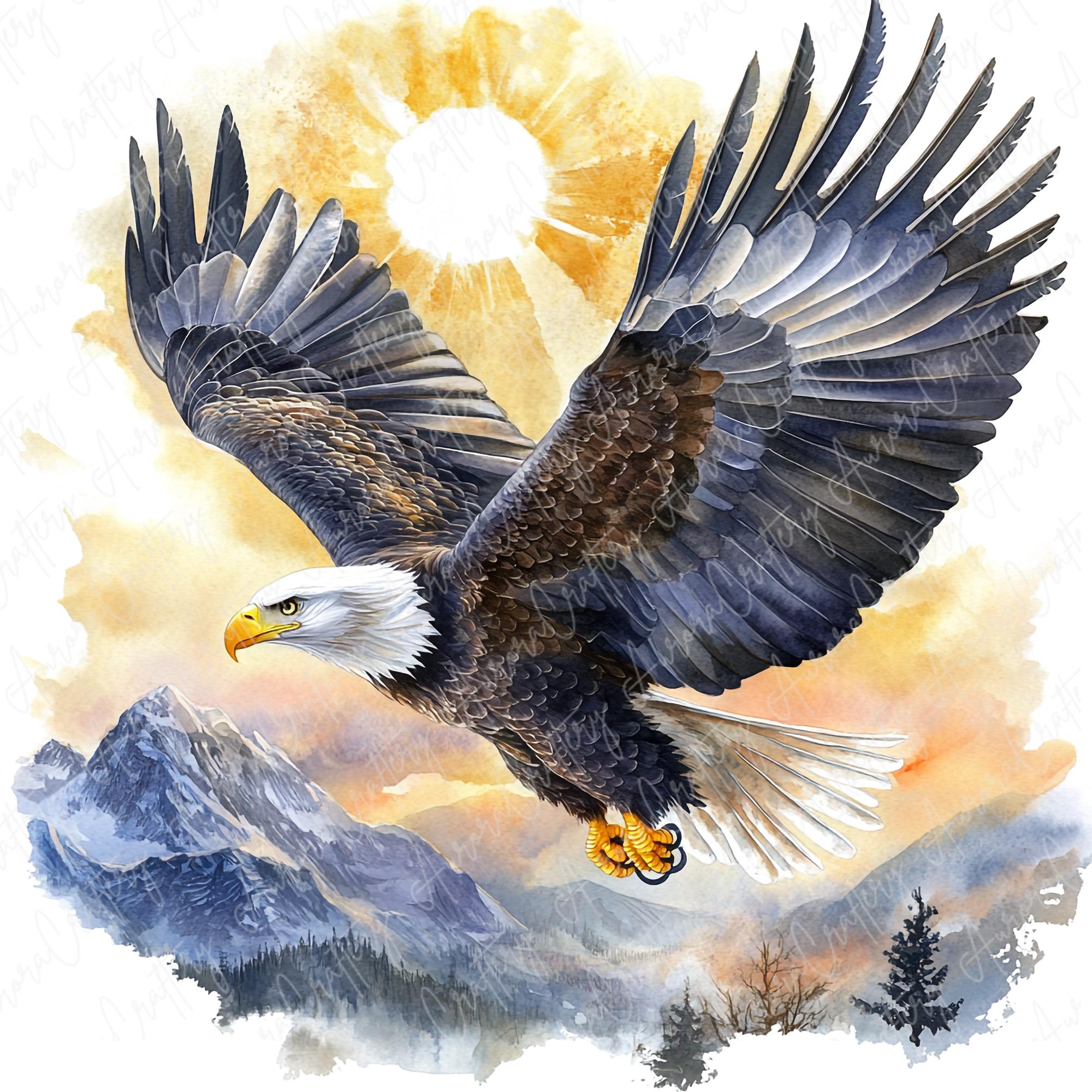 4 水彩画の夕焼けの鷲のクリップアート、山の風景の中の雄大な鷲の
