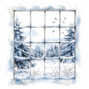 5 imágenes prediseñadas de ventana de invierno en acuarela, paisaje invernal nevado, escenas de bosques helados, imágenes prediseñadas para manualidades de temporada, descarga JPG de alta calidad