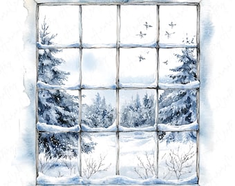 雪景色の冬の窓のクリップアート13点セット、心地よい季節の景色の