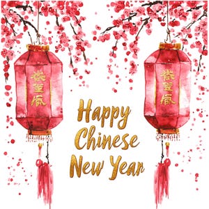 Clipart de lanterne du nouvel an chinois, lanternes rouges traditionnelles, accents dorés, clipart branche de fleurs, joyeux nouvel an chinois, JPG de haute qualité