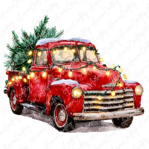 May include: Watercolor illustration of a vintage red pickup truck decorated for Christmas. The truck bed holds a green Christmas tree, and the truck is adorned with string lights. Snow accents the scene, creating a festive holiday image.