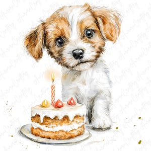 7 Aquarell Welpen Geburtstag Clipart, niedliche Hunde mit Luftballons, Geschenke, Kuchen, niedlicher Welpe Geburtstag, Party Clipart, hochwertige JPG Download