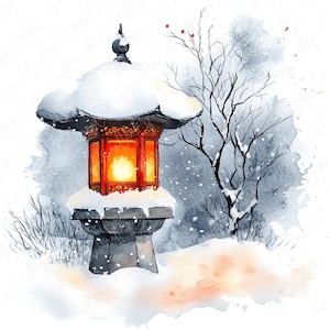 9 Watercolor Snow Lantern Clipart, Festive Japanese Lantern With Snow ...
