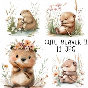 11 Clipart de bebê castor em aquarela, Clipart de castor da floresta, Clipart de animal da floresta floral, Clipart de berçário fofo, Download JPG de alta qualidade