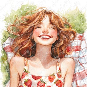 4 Redhead Girls in Summer Dresses, Summer Picnic Clipart, Cute Girl Clipart, Smiling Girl Clipart, Picnic Girl, High Quality JPG Commercial