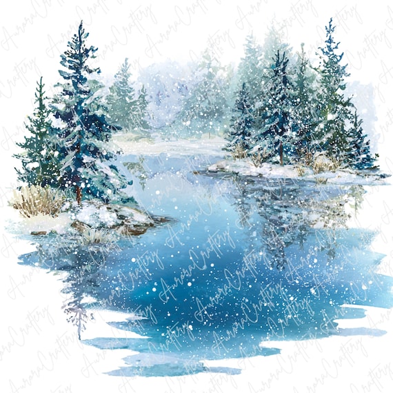 7枚の水彩画風冬の湖のクリップアート、雪に覆われた松の木と反射
