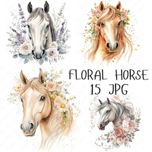 15 Aquarell Pferde Blumen Clipart, Blumen Pferde Clipart, elegante Pferde Blumen, druckbare Clipart Papiermodelle, hochwertige JPG-Downloads