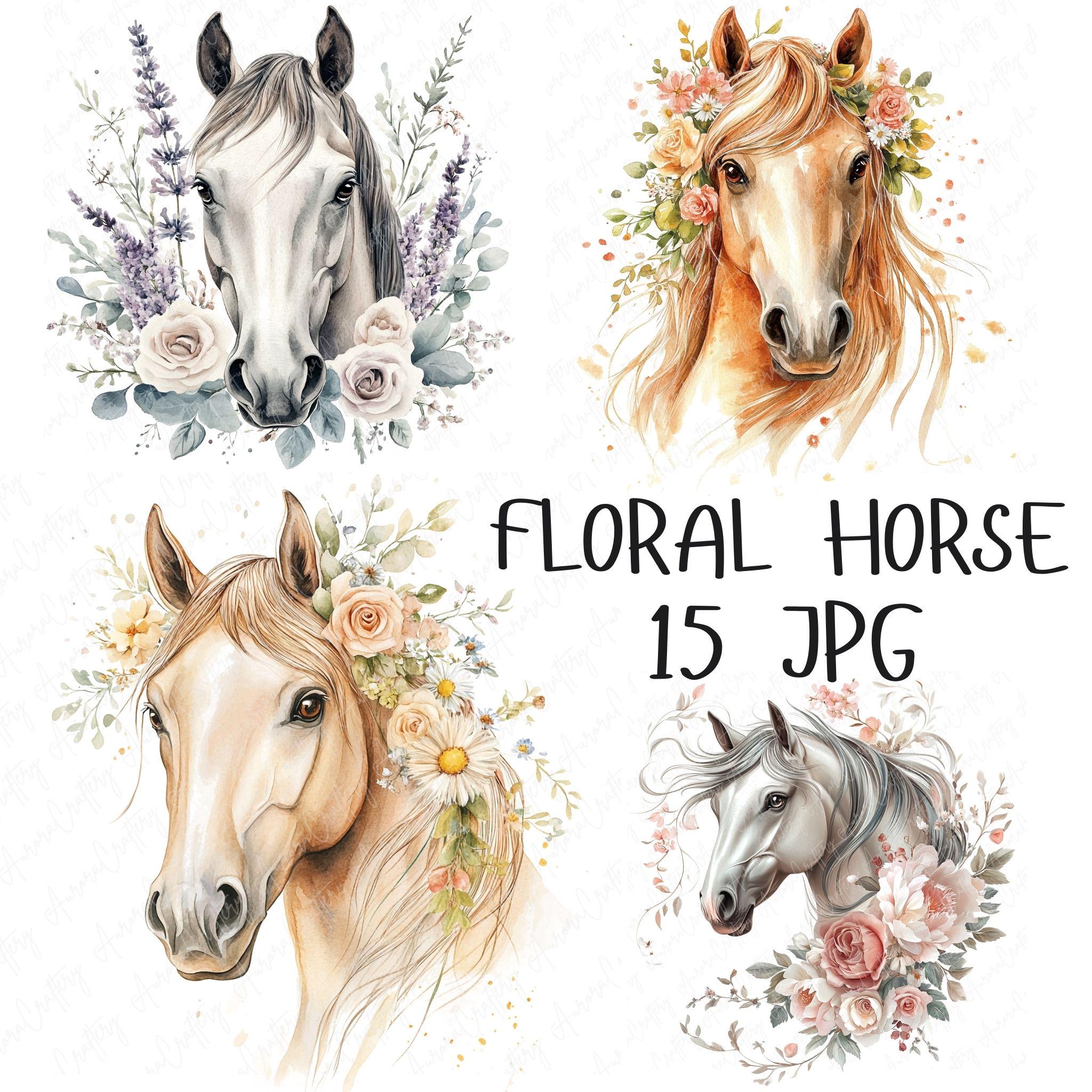 15 水彩画の馬の花のクリップアート、花の馬のクリップアート