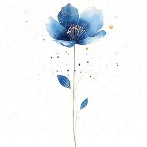 May include: A watercolor painting of a blue flower with gold accents on a white background.