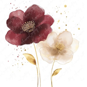 6 aquarel cranberry gouden bloemen clipart, abstracte bordeaux en gouden bloemen, digitale bloemen clipart voor ambachten, hoogwaardige JPG-download