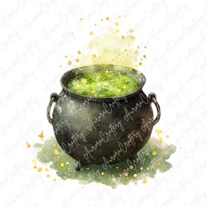 May include: Watercolor illustration of a black cauldron filled with bubbling green liquid. The cauldron has two handles and sits on three small legs. Yellow and gold sparkles and a green mist surround the cauldron, suggesting a magical potion.