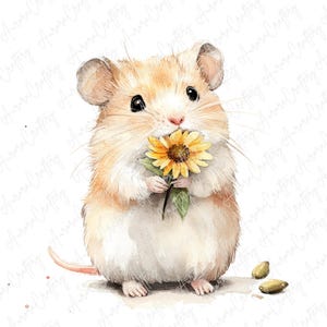 7 adorables imágenes prediseñadas de hámsteres en acuarela: hámsteres en tazas de té, nidos y con golosinas. Imágenes prediseñadas de animales adorables para manualidades, JPG de alta calidad.
